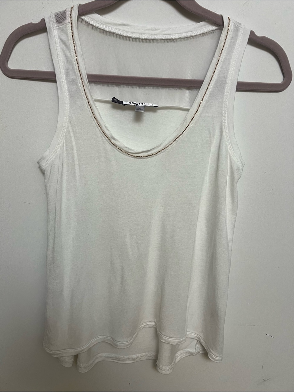 Jennifer Lopez White Tank Top with Embellished Neckline & Mesh Detail - Size XS